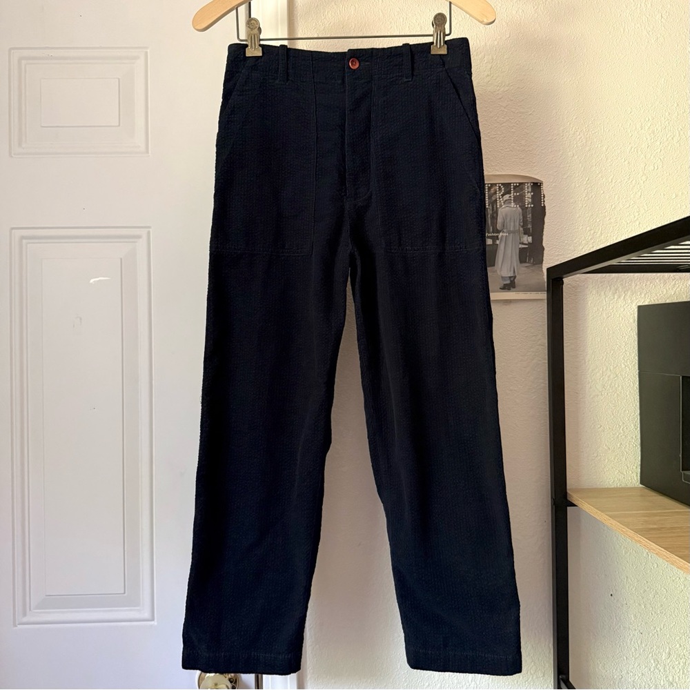 CARON CALLAHAN navy cotton seersucker straight leg cropped pants‎